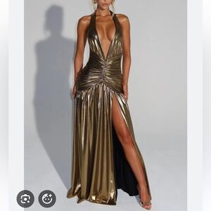 BABYBOO Melania Maxi Dress Gown Plunge Neck Slit Gold Metallic XL NWT NEW
